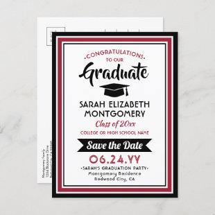 1 Photo Red Black White Graduation Save the Date Announcement Postcard