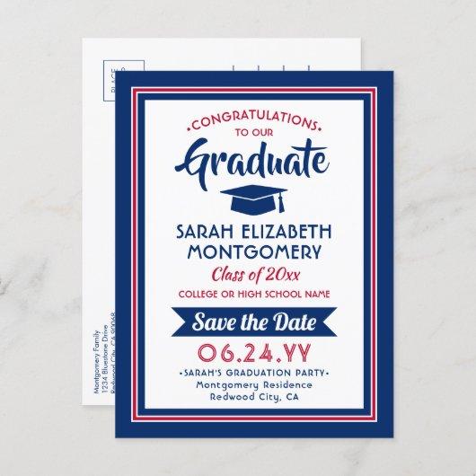 1 Photo Red White & Blue Graduation Save the Date Announcement Postcard