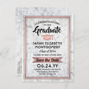 1 Photo Rose Gold Marble Graduation Save the Date Announcement Postcard