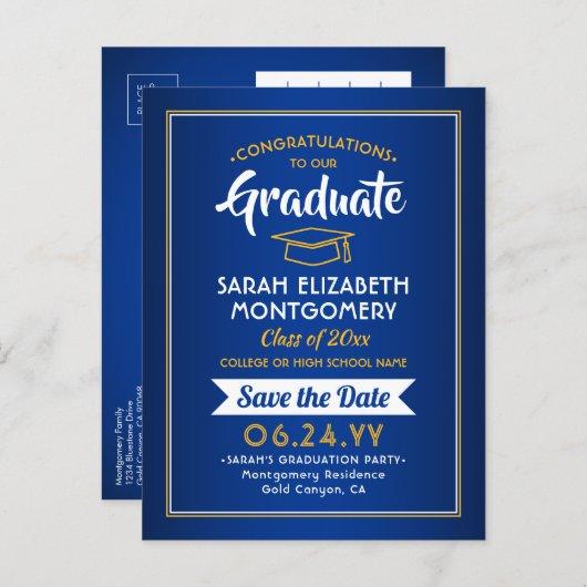 1 Photo Royal Blue & Gold Graduation Save the Date Announcement Postcard