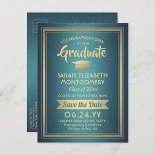 1 Photo Teal Gold Modern Graduation Save the Date Announcement Postcard
