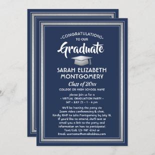 1 Photo Virtual Graduation Navy Blue White Silver Invitation