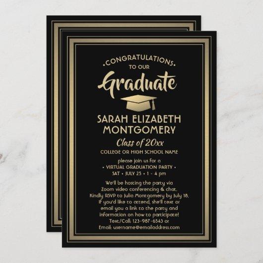 1 Photo Virtual Graduation Party Black and Gold Invitation