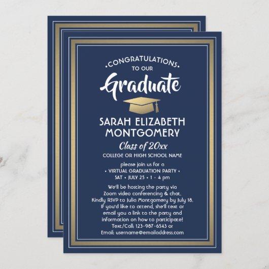 1 Photo Virtual Graduation Party Navy Blue & Gold Invitation