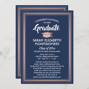 1 Photo Virtual Graduation Party Navy Blue & Pink Invitation
