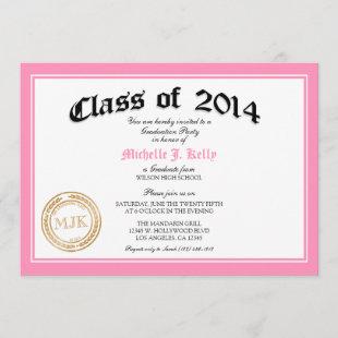 2014 Pink Diploma Graduation Party Invitation