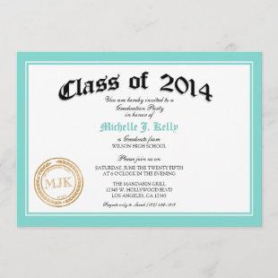 2014 Teal Blue Diploma Graduation Party Invitation