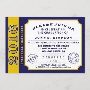2016 Navy Blue & Gold Ticket Graduation Invitation