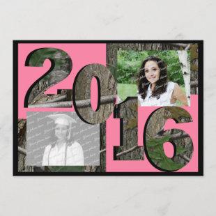 2016 Tree Camo Grad Twin Photo Pink Invitation