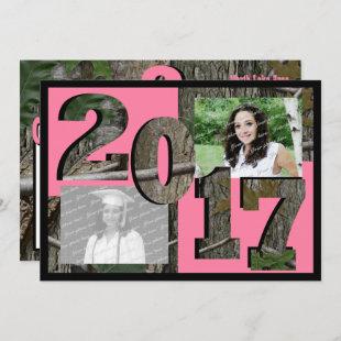 2017 Tree Camo Grad Twin Photo Pink Invitation