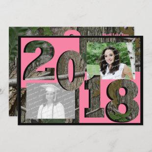 2018 Tree Camo Grad Twin Photo Pink Invitation