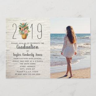2019 Graduation Beach Floral Pineapple Photo Invitation