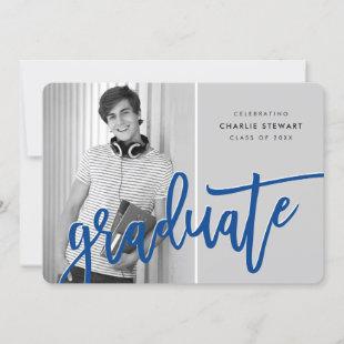2020 GRAD PARTY modern lettered overlay royal blue Thank You Card