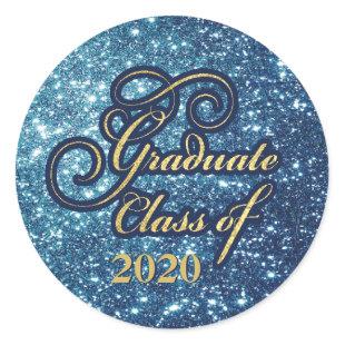 2020 Graduate Elegant Gold Blue Glitter Envelope Classic Round Sticker