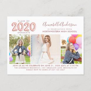 2020 Graduate Rose Gold 3 Photo Graduation Party Invitation Postcard