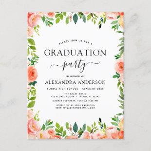 2022 Coral Peach Floral Greenery Graduation Invita Postcard