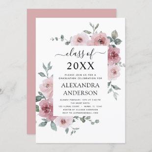 2022 Dusty Rose Pink Graduation Floral Greenery Invitation