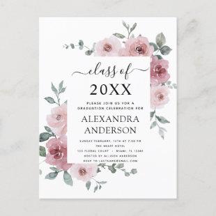2022 Dusty Rose Pink Graduation Floral Invitation Postcard