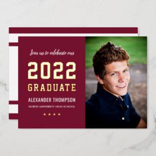 2022 Graduate Burgundy Gold Graduation Party Photo Foil Invitation