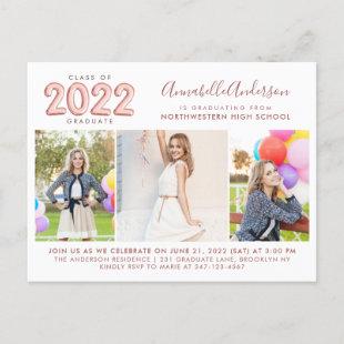 2022 Graduate Rose Gold 3 Photo Graduation Party Invitation Postcard