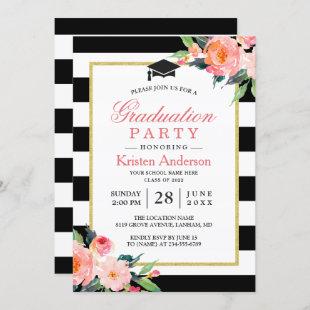 2022 Graduation Party Modern Floral Black Stripes Invitation