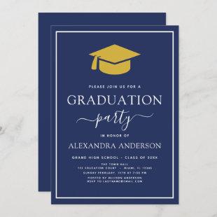2022 Graduation Party Navy Blue Gold Elegant Invit Invitation