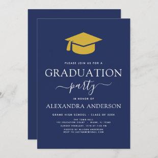2022 Graduation Party Navy Blue Gold Elegant Invitation