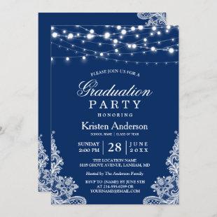 2022 Graduation Party String Lights Lace Navy Blue Invitation