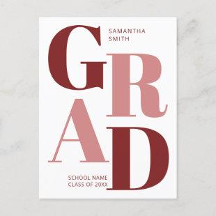 2022 Modern Red Pink Typography Trendy Graduation Announcement Postcard