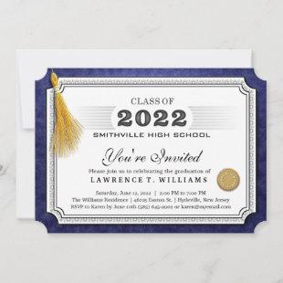 2022 Navy Blue Diploma Gold Tassel Graduation Inv Invitation