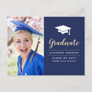 2022 Navy Blue Gold Photo Graduation Postcard