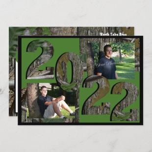2022 Tree Camo Graduation Twin Photo Hunter Green  Invitation