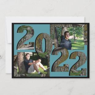2022 Tree Camo Graduation Twin Photo Hunter Teal Invitation