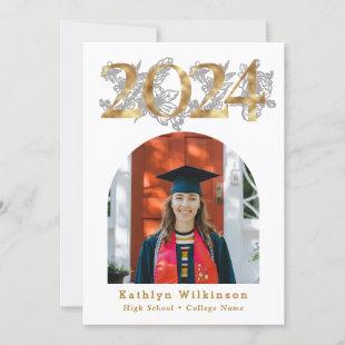 2023 Elegant Gold Script Floral Photo Graduation Announcement