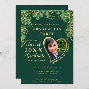 2023 Emerald Green & Gold Greenery Graduation Invitation
