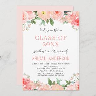 2023 Floral Blush Pink Coral Modern Graduation Inv Invitation
