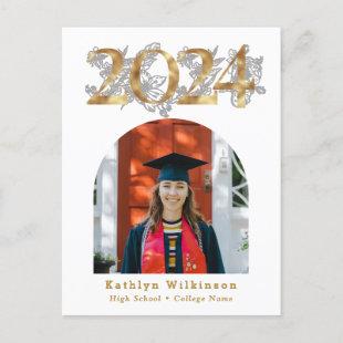 2023 Gold Script Floral Photo Graduation Announcement Postcard