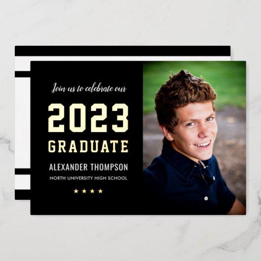2023 Graduate Black Gold Graduation Party Photo Foil Invitation