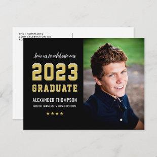 2023 Graduate Black Gold Graduation Party Photo Invitation Postcard