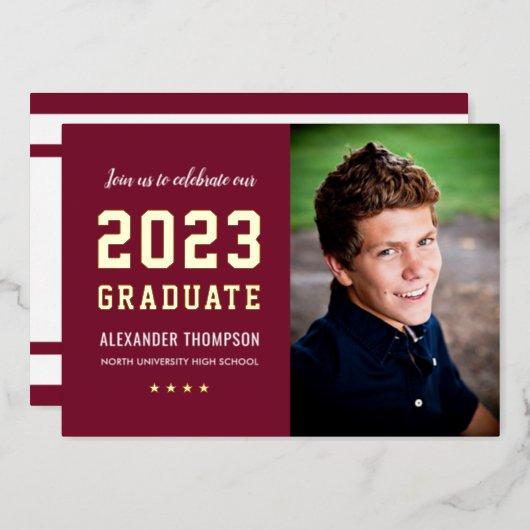 2023 Graduate Burgundy Gold Graduation Party Photo Foil Invitation