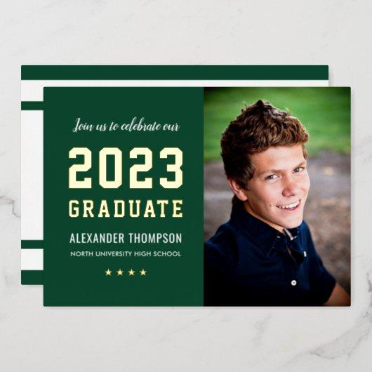 2023 Graduate Green Gold Graduation Party Photo Foil Invitation
