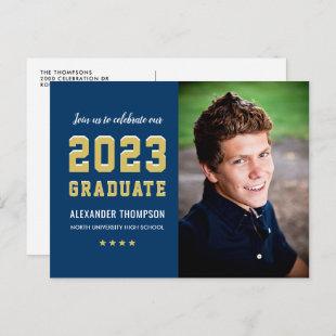 2023 Graduate Navy Gold Graduation Party Photo Invitation Postcard