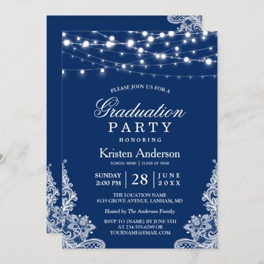 2023 Graduation Party String Lights Lace Navy Blue Invitation