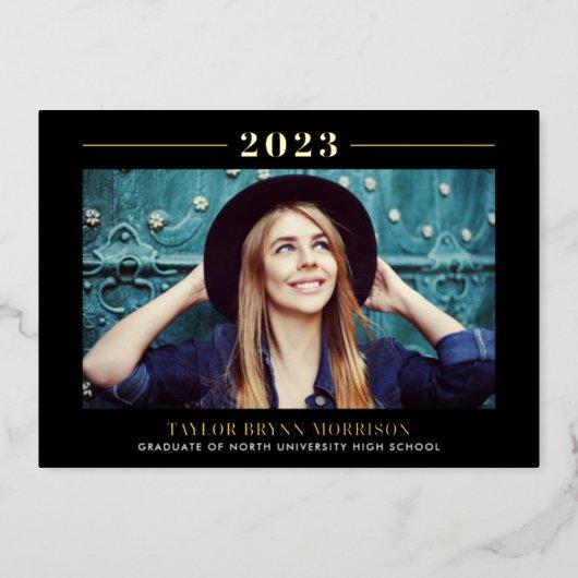 2023 Minimalist Black and Gold Graduation Photo Foil Invitation