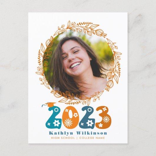 2023 Retro Floral Script Elegant Wreath Graduation Invitation Postcard