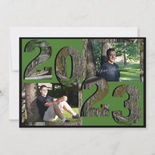 2023 Tree Camo Graduation Twin Photo Green Invitation