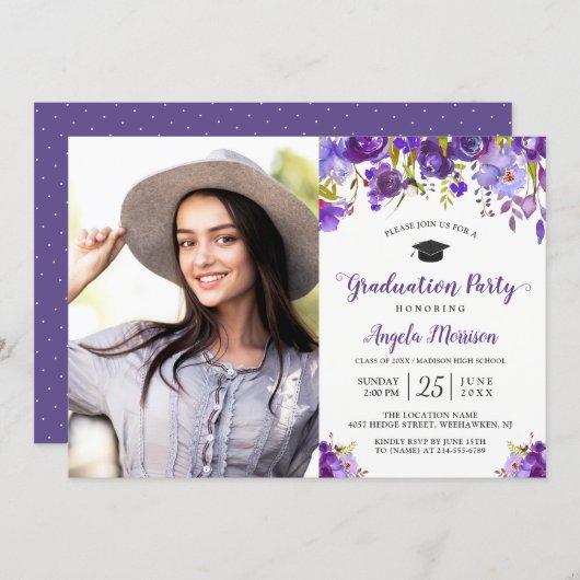 2023 Violet Purple Floral Photo Graduation Party Invitation