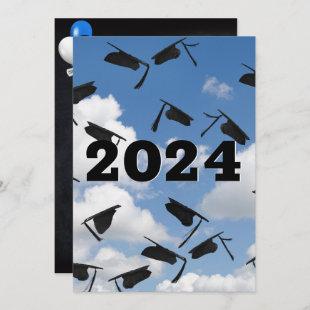2024 Black Graduation Caps in Sky  Invitation