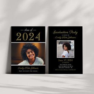 2024 Elegant Black Gold Photo Graduation Party Invitation