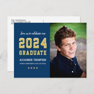 2024 Graduate Navy Gold Graduation Party Photo Invitation Postcard
